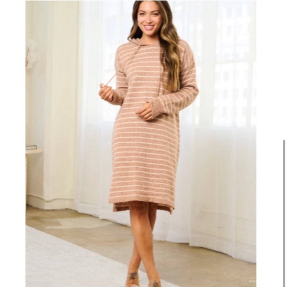 "The Michelle" Tan Striped Hoodie Midi Dress NWT